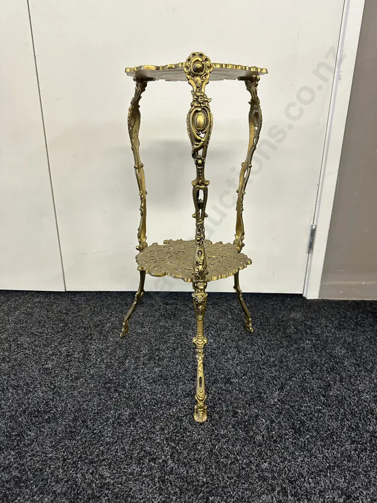 Elegant Ornate Brass Coloured Two Tier Plant Stand H70cm. Image 1++