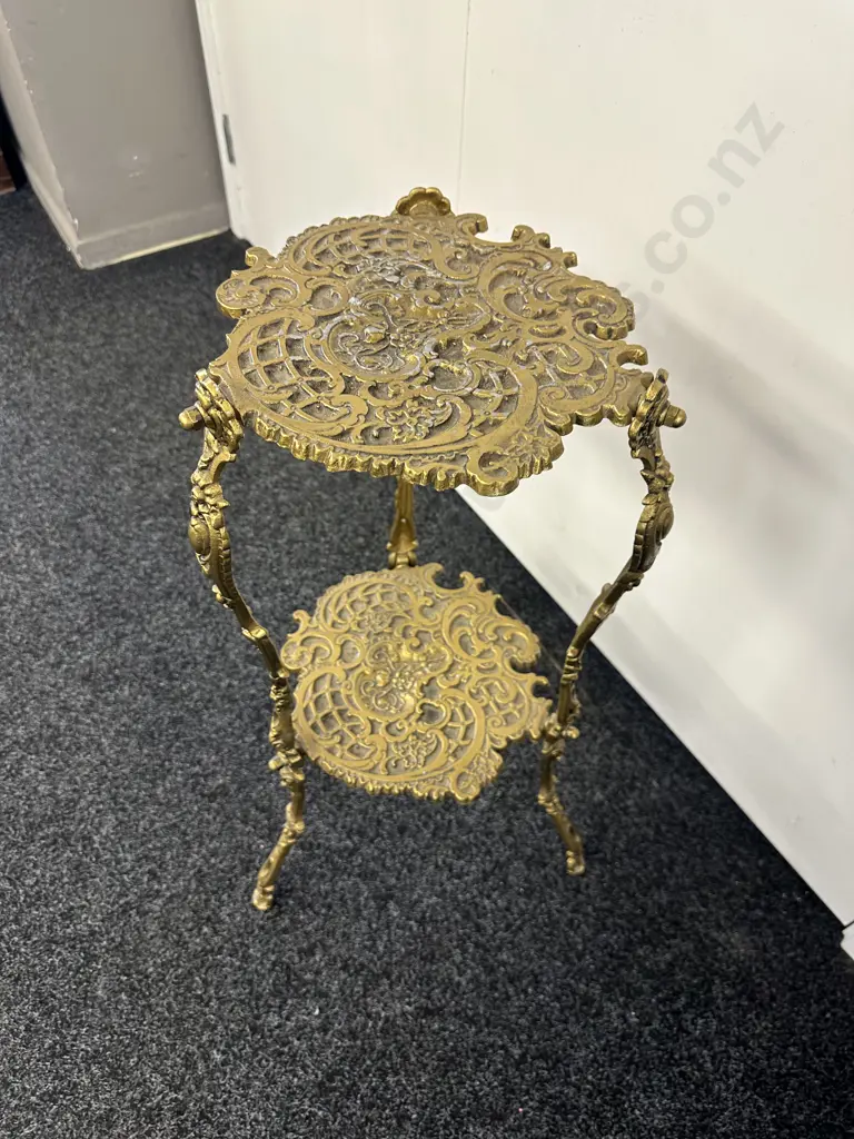 Elegant Ornate Brass Coloured Two Tier Plant Stand H70cm. Image 1++