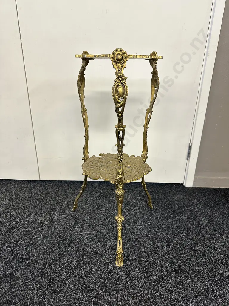 Elegant Ornate Brass Coloured Two Tier Plant Stand H70cm. Image 1++