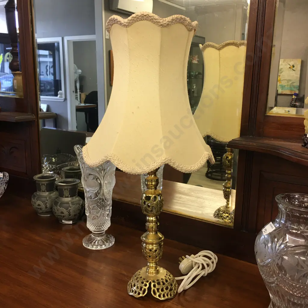 Vintage Table Lamp Brass Base With Cream Shade H58cm. Image 1++
