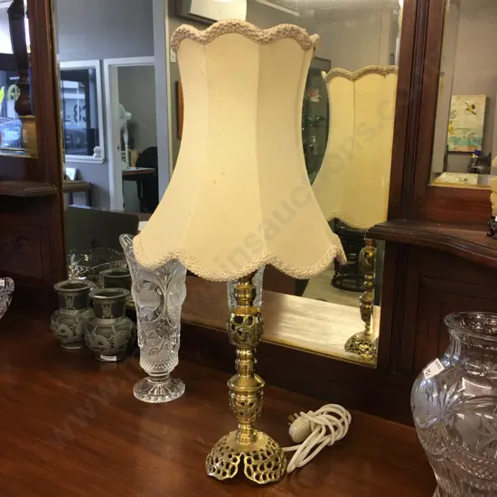Vintage Table Lamp Brass Base With Cream Shade H58cm.