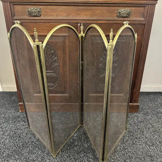 Vintage Brass & Mesh Fire Screen Four Panels With Finials H76,L130cm.