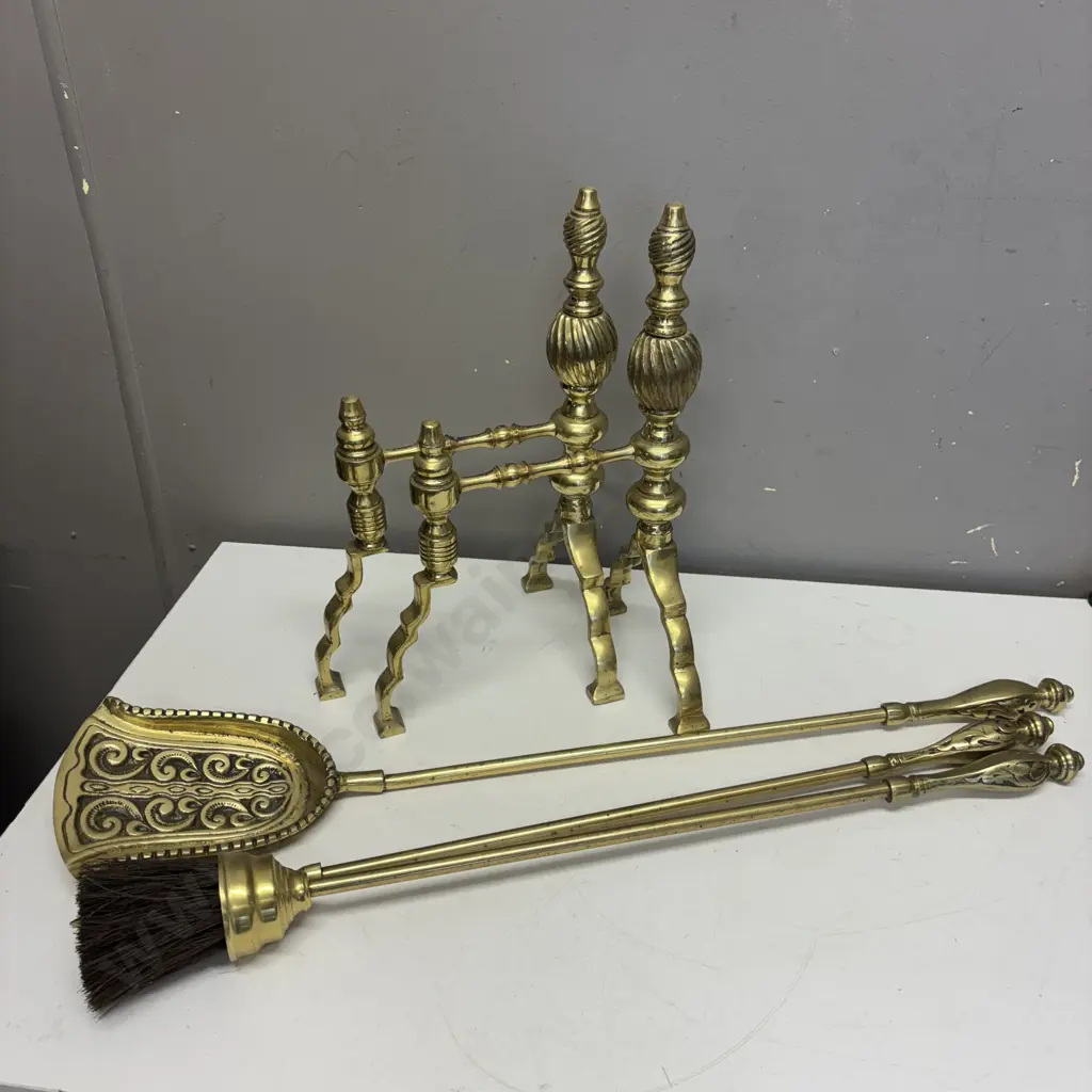 Vintage Pair of Solid Brass Fire Dogs with Fire Tools Image 1++