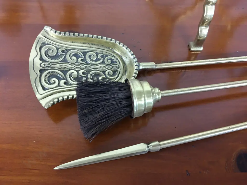 Vintage Pair of Solid Brass Fire Dogs with Fire Tools Image 1++