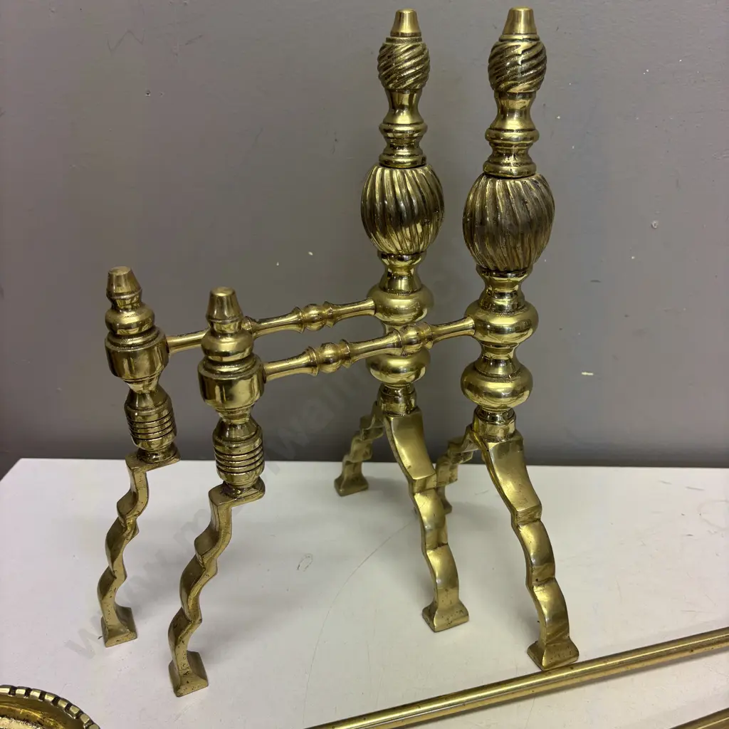 Vintage Pair of Solid Brass Fire Dogs with Fire Tools Image 1++