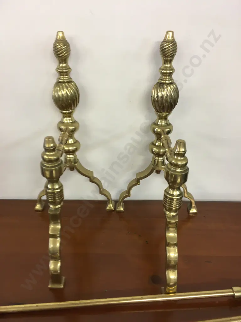 Vintage Pair of Solid Brass Fire Dogs with Fire Tools Image 1++