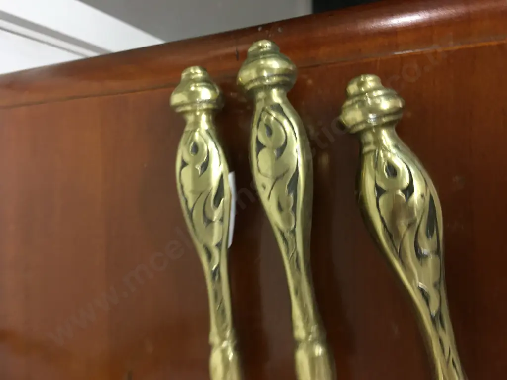 Vintage Pair of Solid Brass Fire Dogs with Fire Tools Image 1++