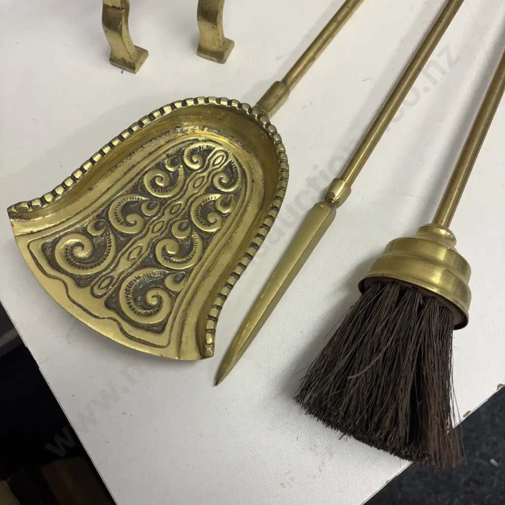 Vintage Pair of Solid Brass Fire Dogs with Fire Tools Image 1++