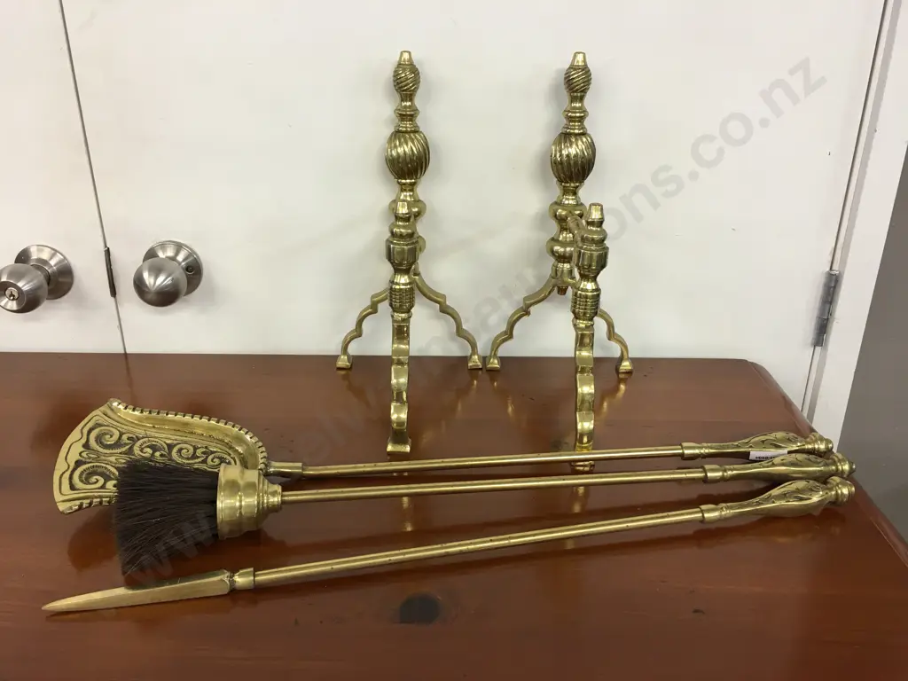 Vintage Pair of Solid Brass Fire Dogs with Fire Tools Image 1++