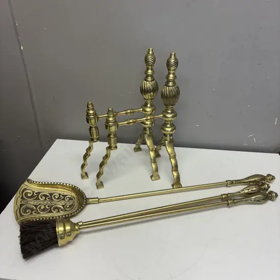 Vintage Pair of Solid Brass Fire Dogs with Fire Tools