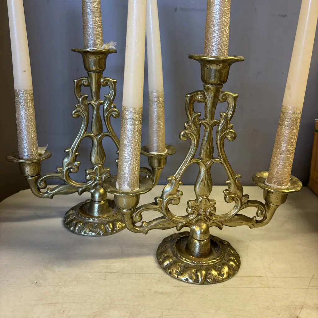 Pair Solid Brass 3 branch Candlesticks with candles Image 1++