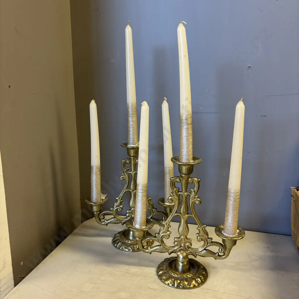 Pair Solid Brass 3 branch Candlesticks with candles Image 1++