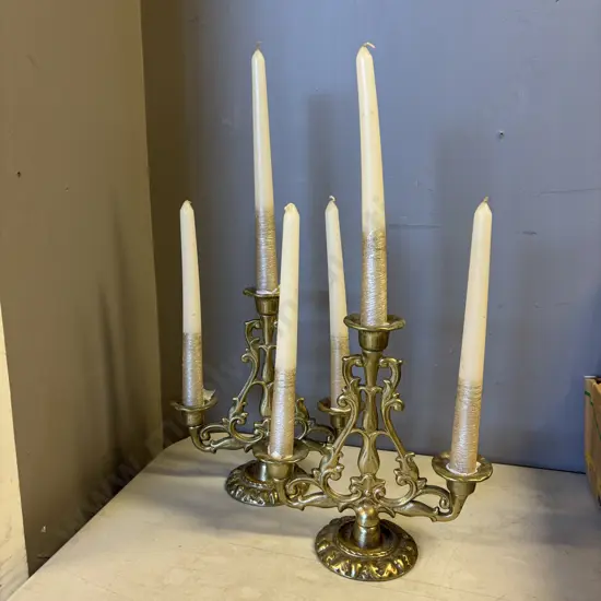 Pair Solid Brass 3 branch Candlesticks with candles