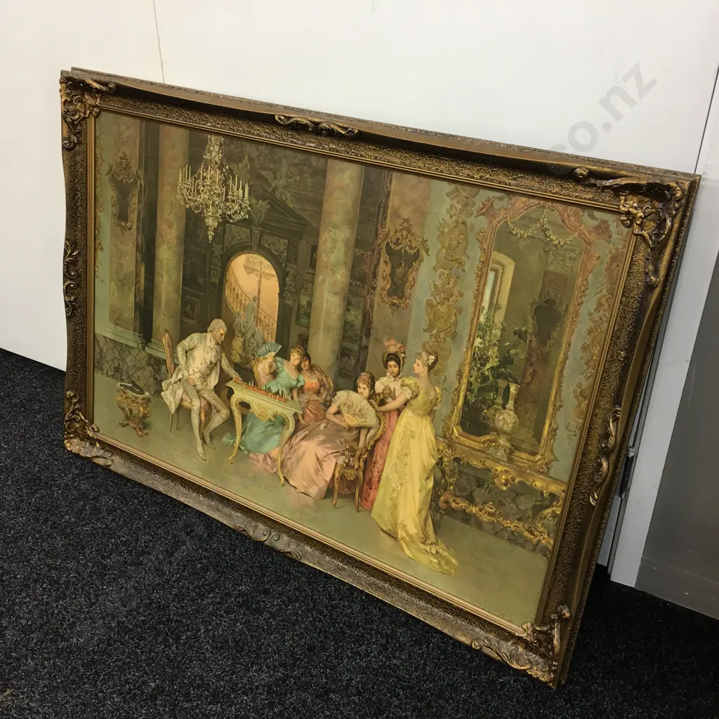 Vintage Gilt Framed Artwork Titled Chess Game By Beda H73,W103cm. Image 1++