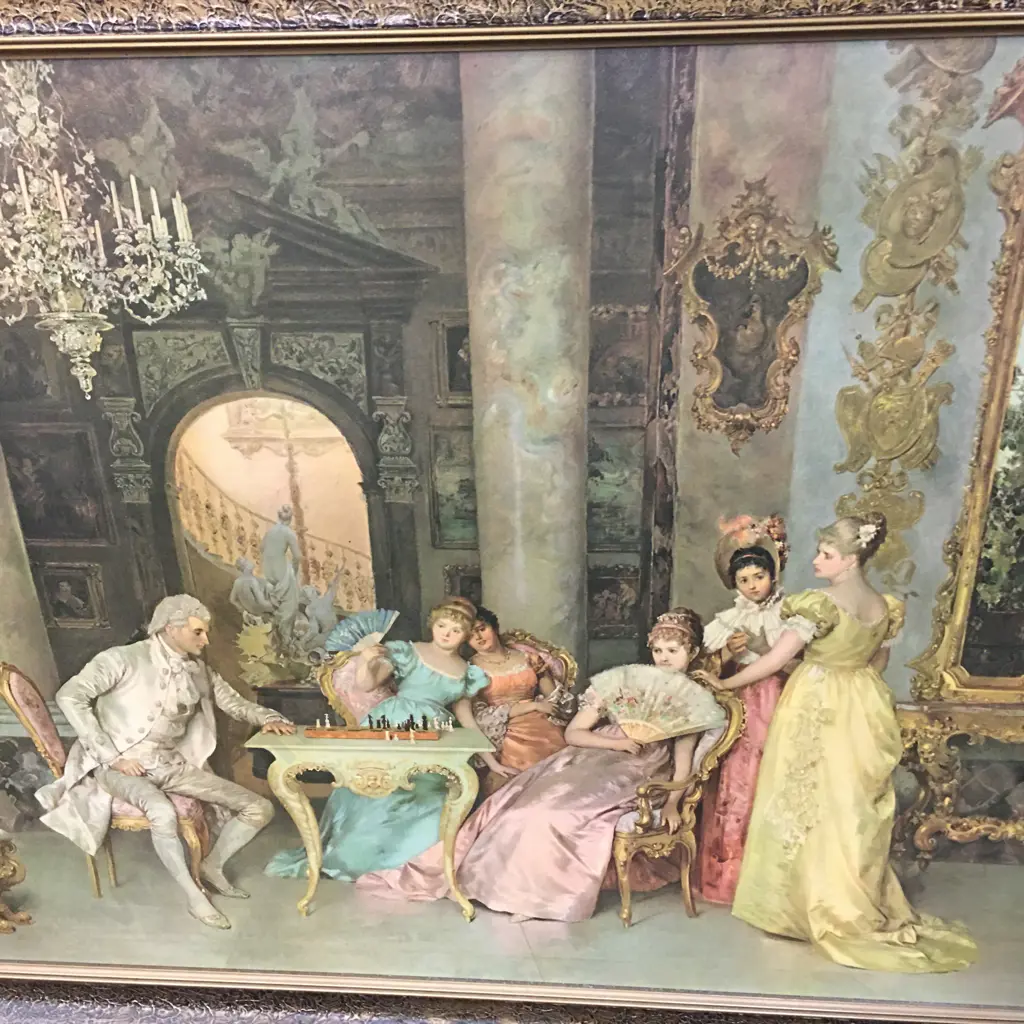 Vintage Gilt Framed Artwork Titled Chess Game By Beda H73,W103cm. Image 1++