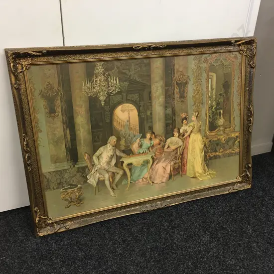 Vintage Gilt Framed Artwork Titled Chess Game By Beda H73,W103cm.