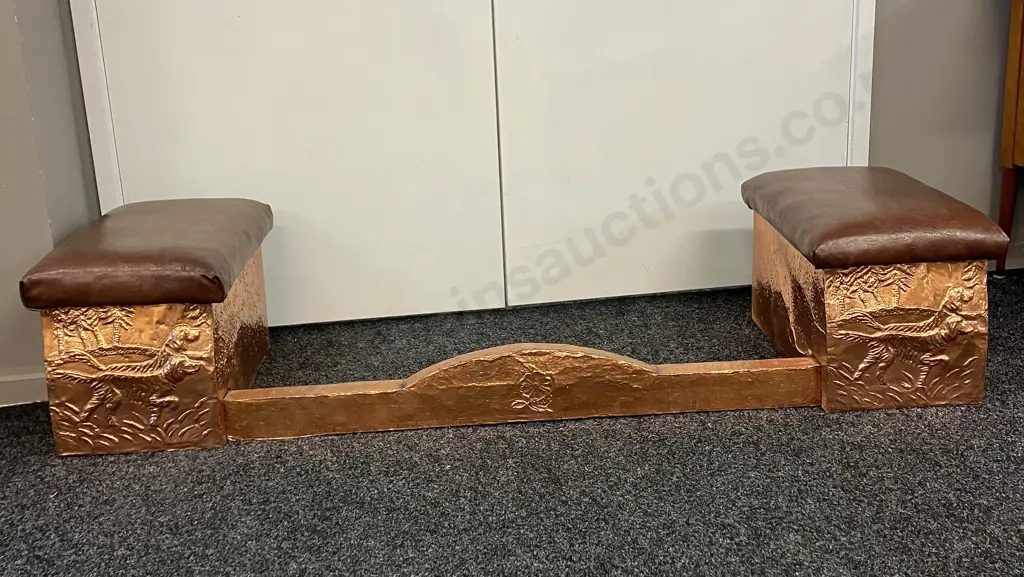 Antique Copper Leaf Fire Fender With Coal Boxes And Upholstered Club Seats Image 1++