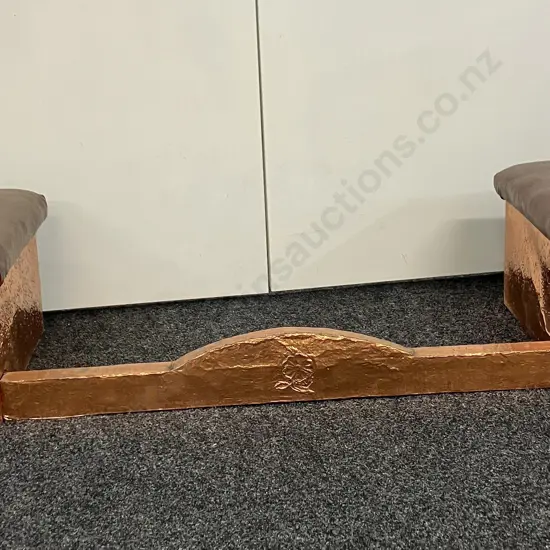 Antique Copper Leaf Fire Fender With Coal Boxes And Upholstered Club Seats
