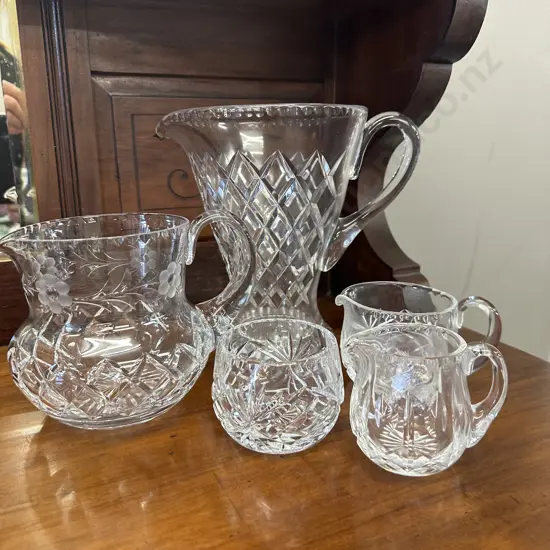 Selection Of Vintage Crystal Ware Including Large Drinks Jug (af) Creamers, Sugar Bowl Etc
