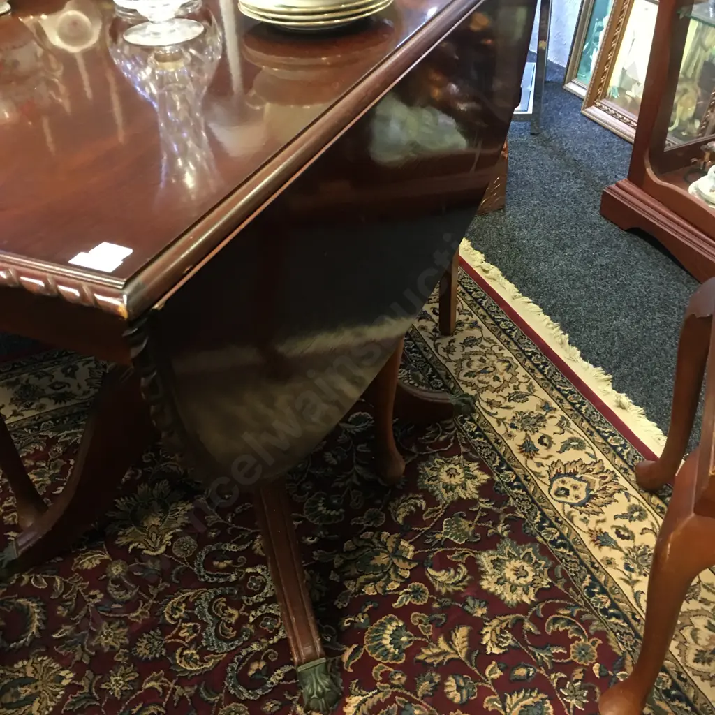 Mahogany Dropleaf Table, Pie Crust Edge, Brass Claw Feet (H76 W96 D62-128cm) With 3 x Tan Draylon Fabric Dining Chairs Image 1++