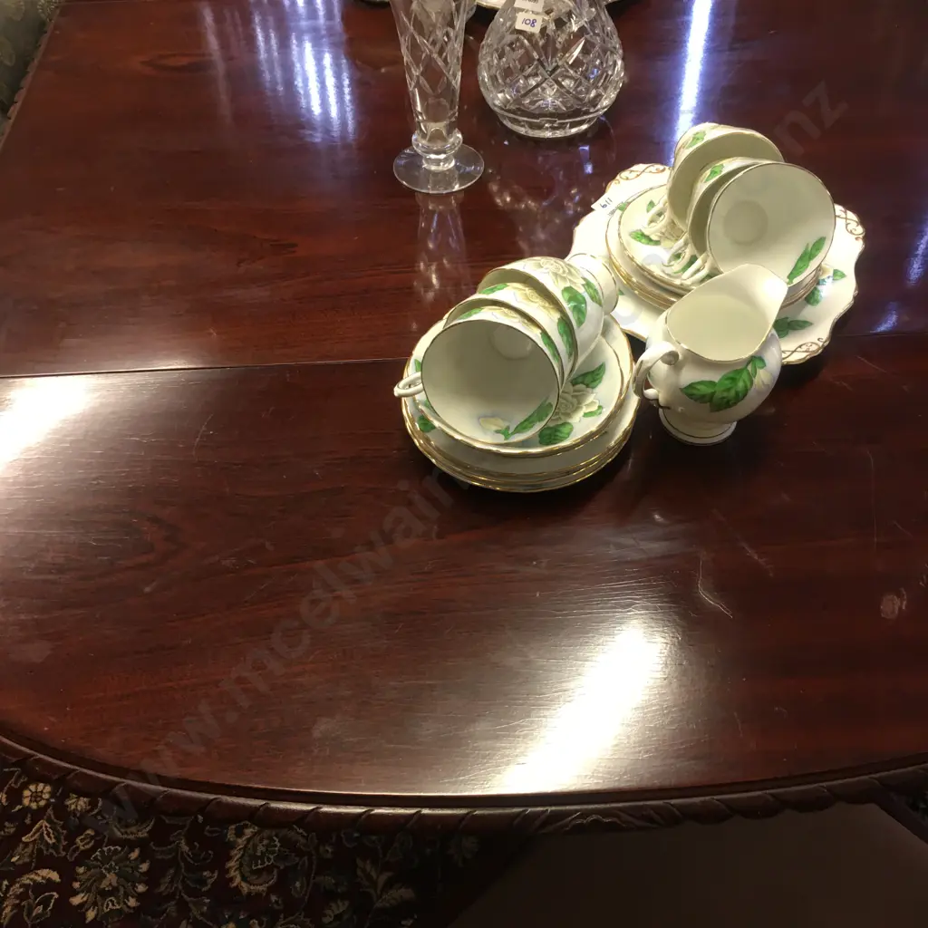 Mahogany Dropleaf Table, Pie Crust Edge, Brass Claw Feet (H76 W96 D62-128cm) With 3 x Tan Draylon Fabric Dining Chairs Image 1++