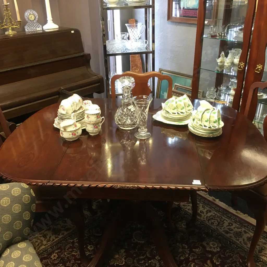 Mahogany Dropleaf Table, Pie Crust Edge, Brass Claw Feet (H76 W96 D62-128cm) With 3 x Tan Draylon Fabric Dining Chairs Image 1++