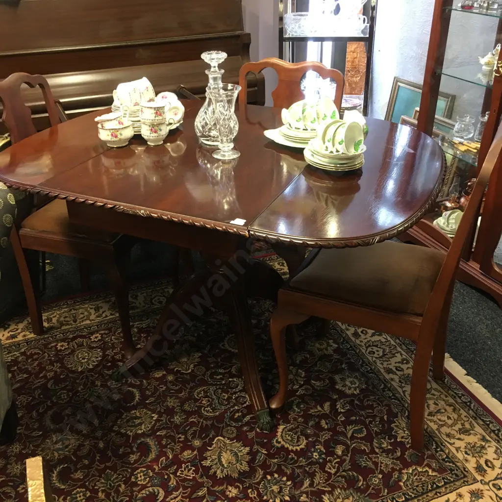 Mahogany Dropleaf Table, Pie Crust Edge, Brass Claw Feet (H76 W96 D62-128cm) With 3 x Tan Draylon Fabric Dining Chairs Image 1++