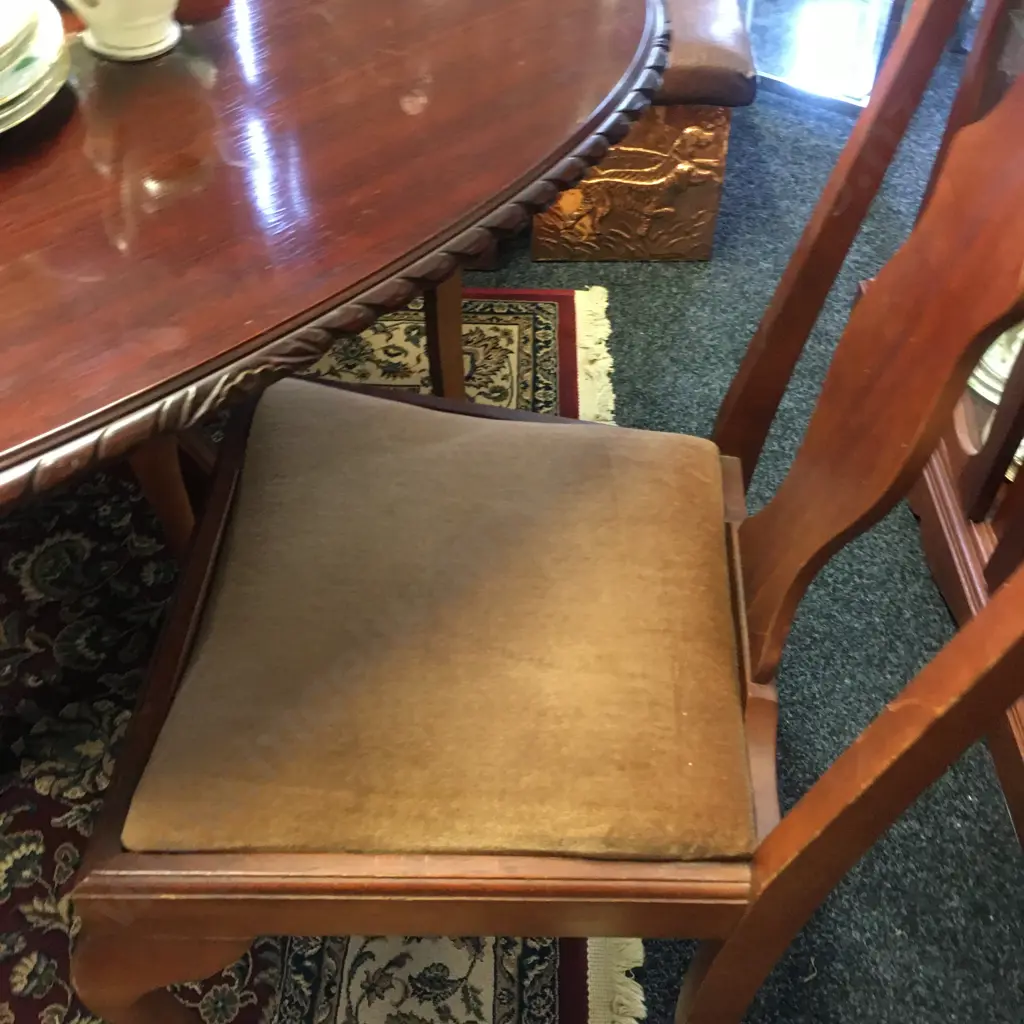 Mahogany Dropleaf Table, Pie Crust Edge, Brass Claw Feet (H76 W96 D62-128cm) With 3 x Tan Draylon Fabric Dining Chairs Image 1++