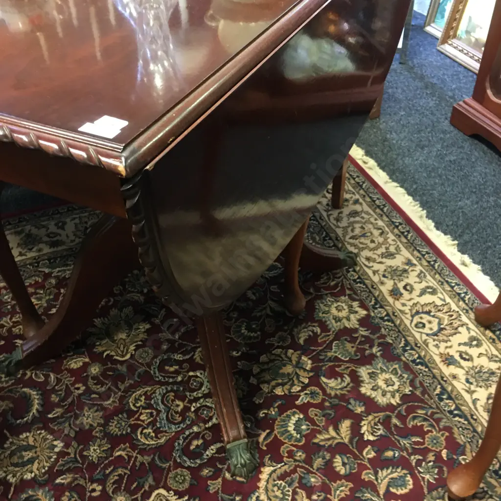 Mahogany Dropleaf Table, Pie Crust Edge, Brass Claw Feet (H76 W96 D62-128cm) With 3 x Tan Draylon Fabric Dining Chairs Image 1++