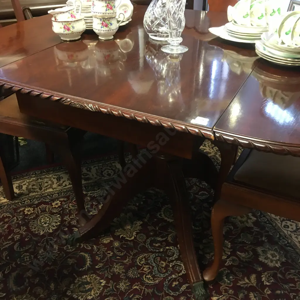Mahogany Dropleaf Table, Pie Crust Edge, Brass Claw Feet (H76 W96 D62-128cm) With 3 x Tan Draylon Fabric Dining Chairs Image 1++