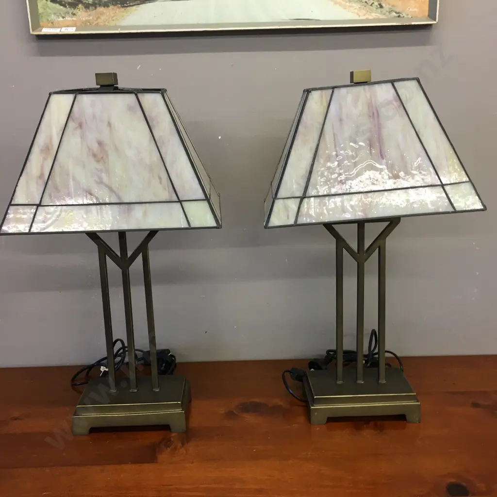 Pair of Tiffany Style Table Lamps, Heavy Pillars Base With Mottled Patterned Shades. H52cm Image 1++