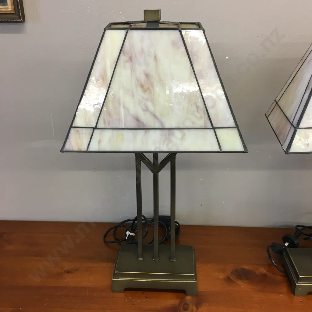 Pair of Tiffany Style Table Lamps, Heavy Pillars Base With Mottled Patterned Shades. H52cm Image 1++