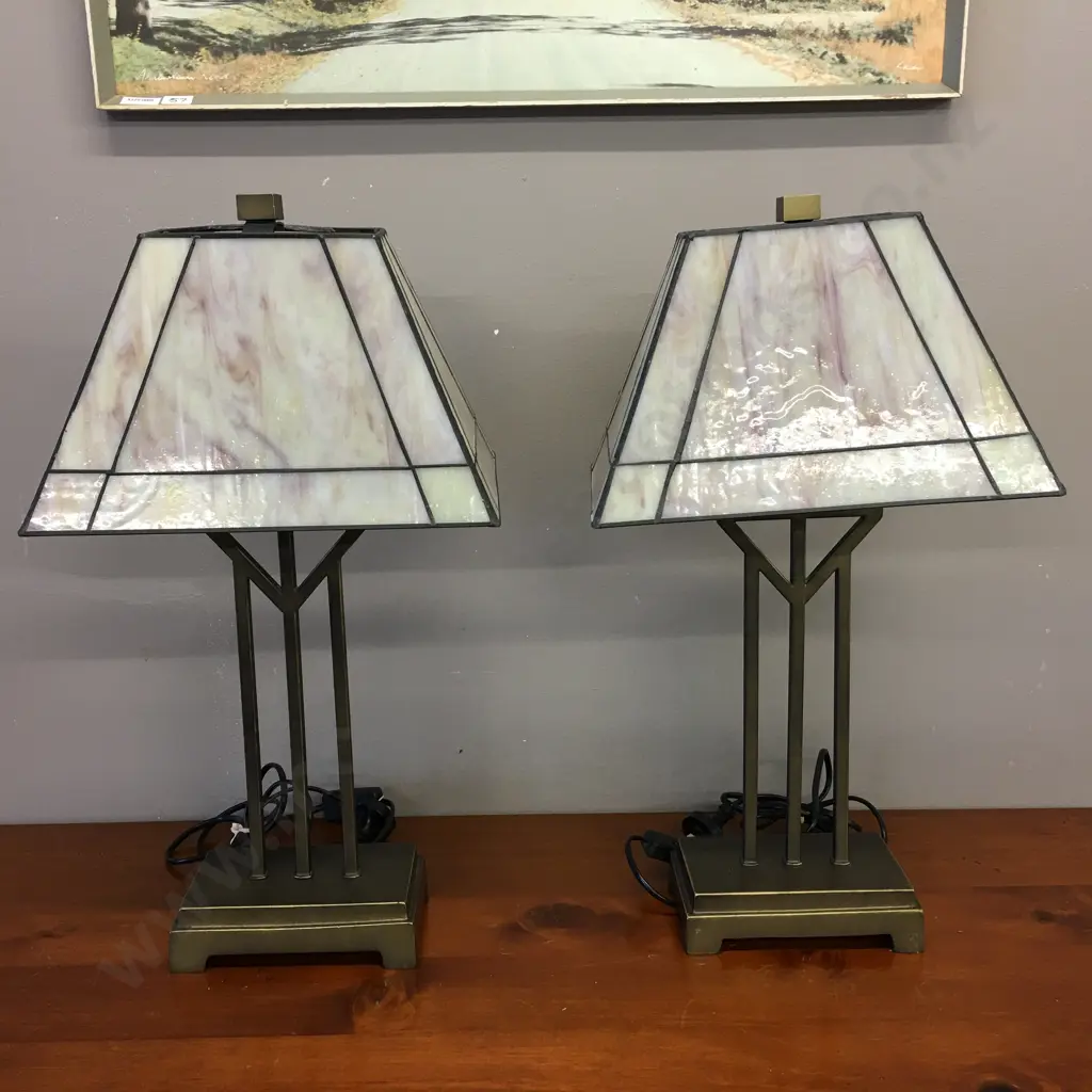 Pair of Tiffany Style Table Lamps, Heavy Pillars Base With Mottled Patterned Shades. H52cm Image 1++