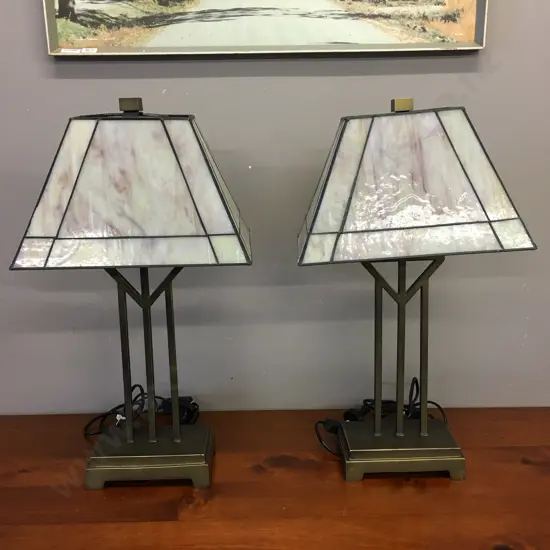 Pair of Tiffany Style Table Lamps, Heavy Pillars Base With Mottled Patterned Shades. H52cm