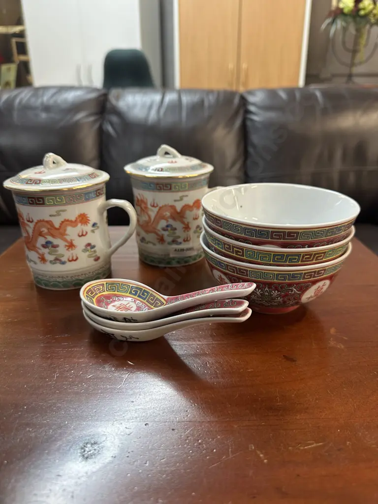 Vintage Mun Shou Longevity Rice Bowls & Spoons X 3 With a Pair of Chinese Porcelain Sold with 16 Image 1++
