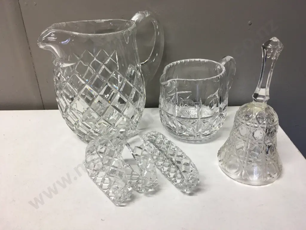 Vintage Crystal Diamond Water Jug, Creamer, Bell & Napkin Rings Image 1++