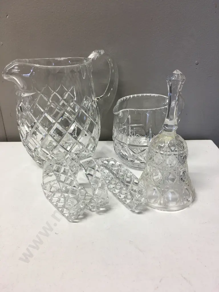Vintage Crystal Diamond Water Jug, Creamer, Bell & Napkin Rings Image 1++