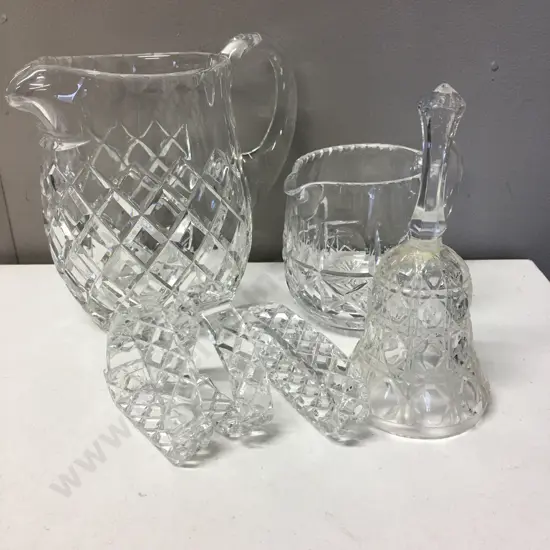 Vintage Crystal Diamond Water Jug, Creamer, Bell & Napkin Rings