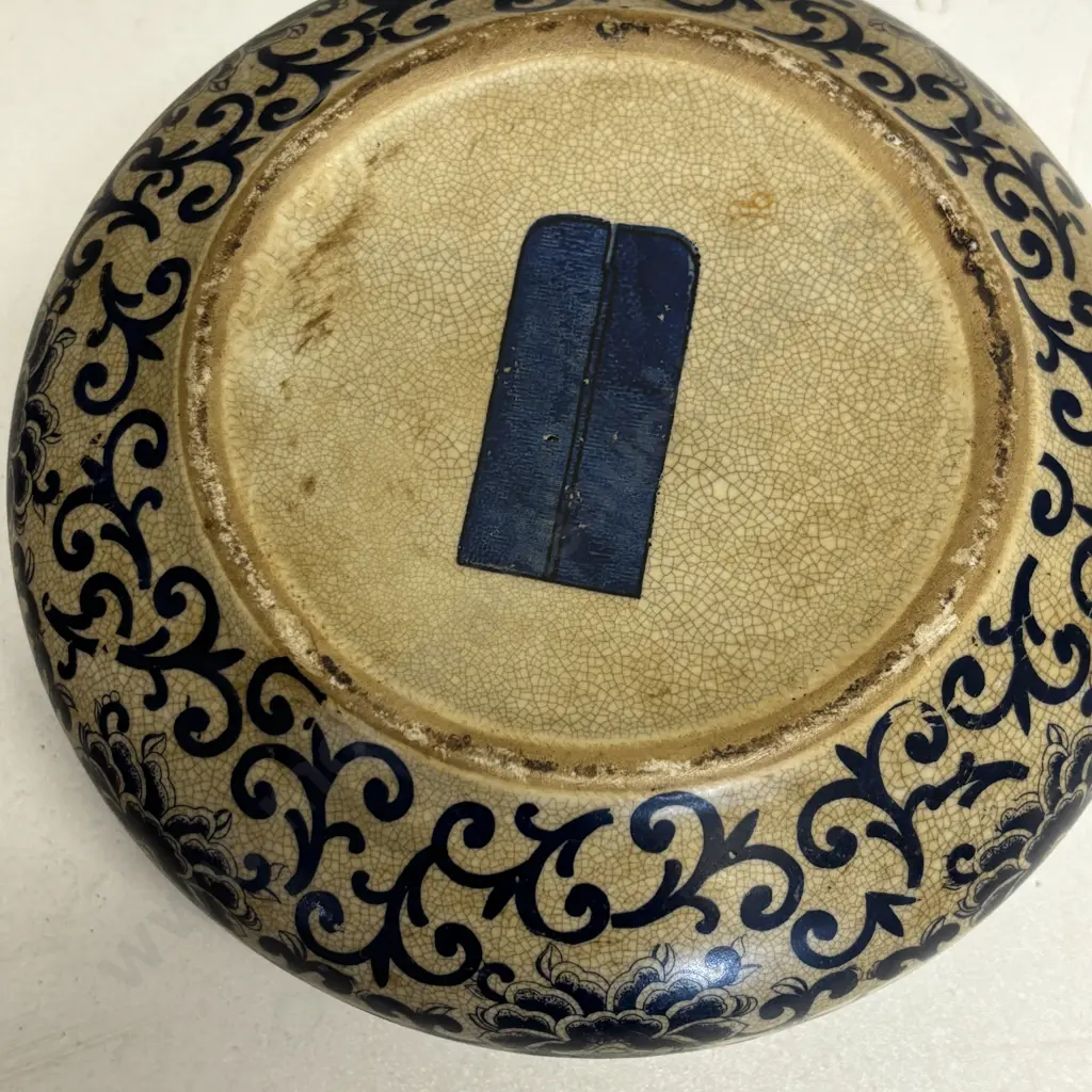 Antique Ceramic crackled glazed pot with flow blue Bird and foliage decoration Dia18cm H8cm Image 1++