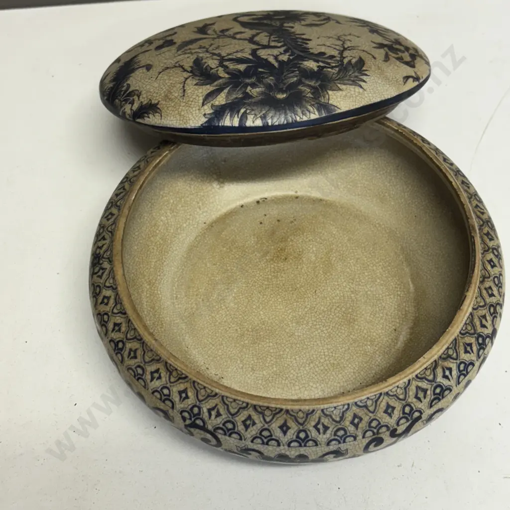 Antique Ceramic crackled glazed pot with flow blue Bird and foliage decoration Dia18cm H8cm Image 1++
