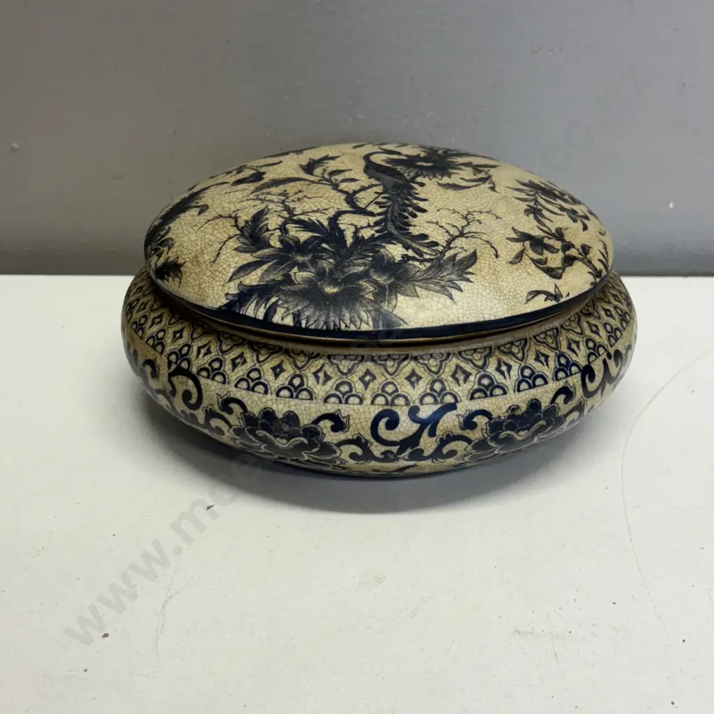 Antique Ceramic crackled glazed pot with flow blue Bird and foliage decoration Dia18cm H8cm Image 1++