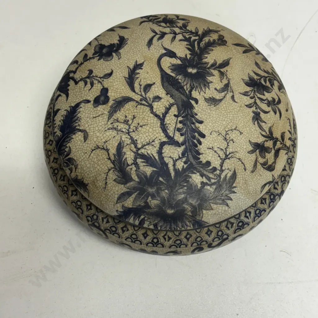 Antique Ceramic crackled glazed pot with flow blue Bird and foliage decoration Dia18cm H8cm Image 1++