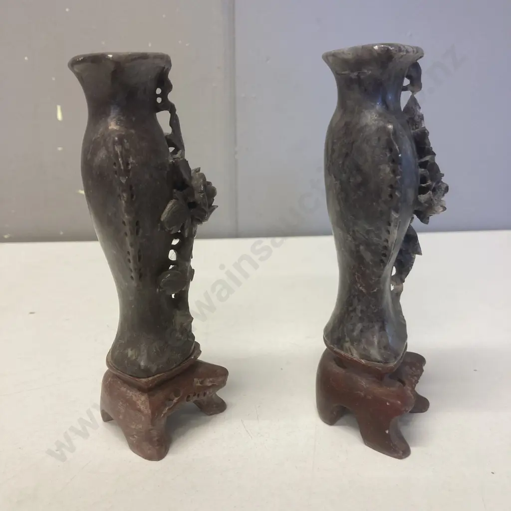 Pair of Vintage Chinese Soapstone Vases With a Floral Design. 15cm Image 1++