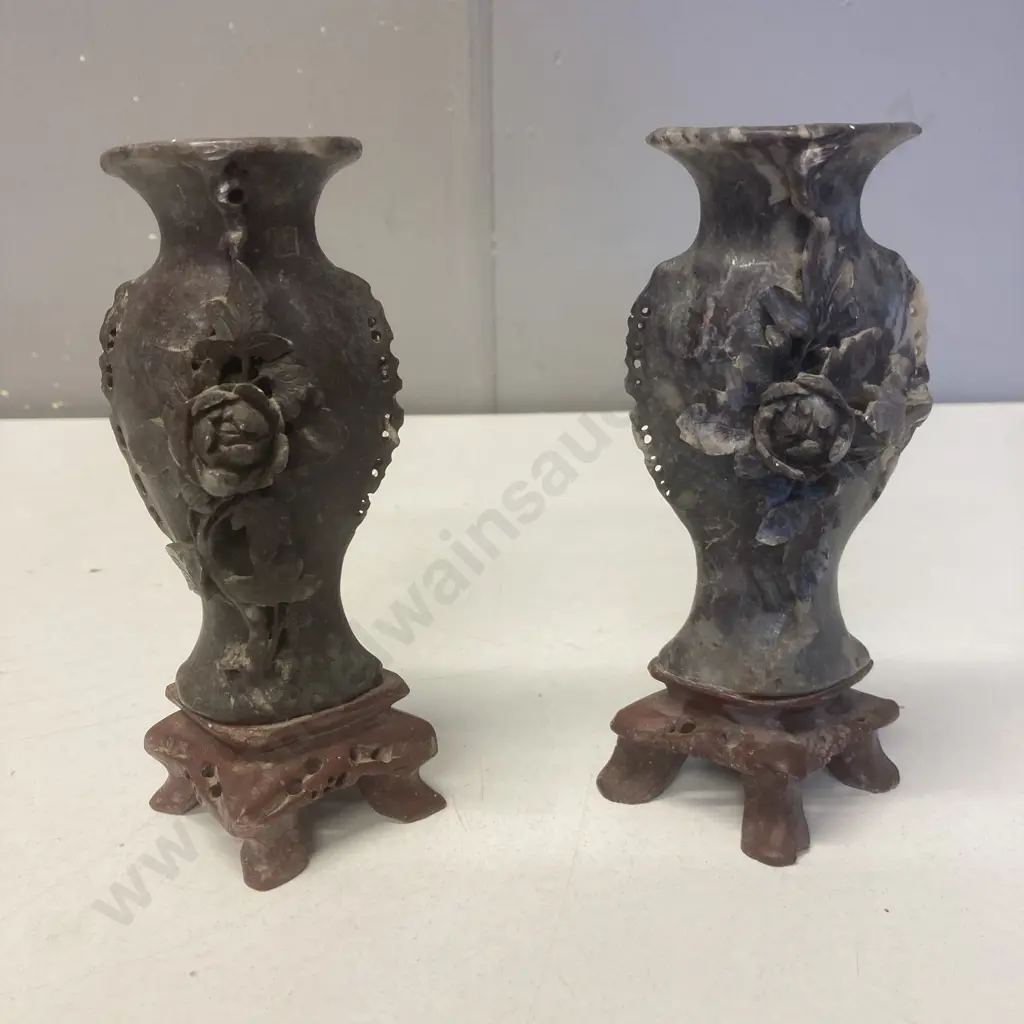 Pair of Vintage Chinese Soapstone Vases With a Floral Design. 15cm Image 1++