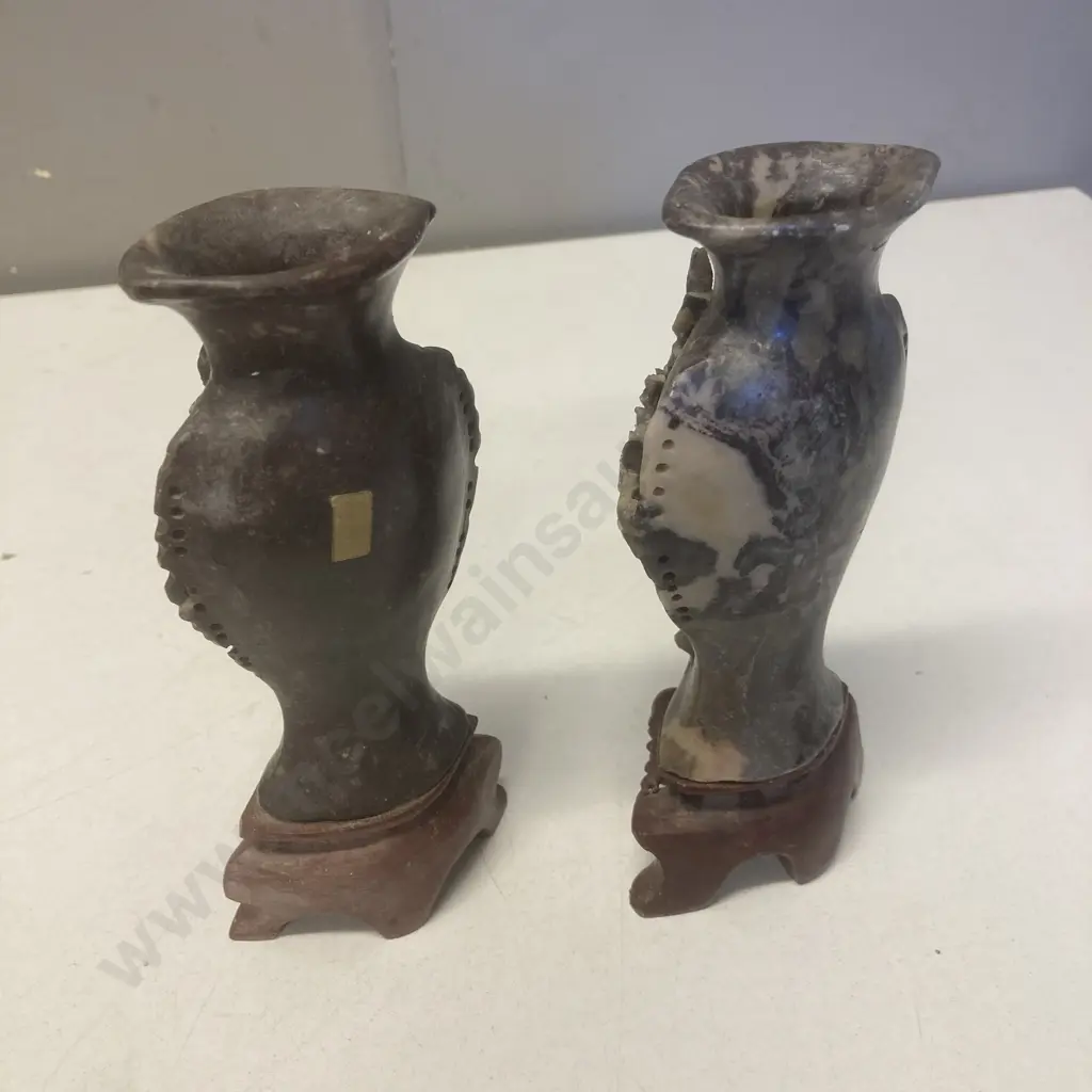 Pair of Vintage Chinese Soapstone Vases With a Floral Design. 15cm Image 1++
