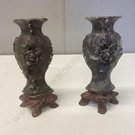 Pair of Vintage Chinese Soapstone Vases With a Floral Design. 15cm