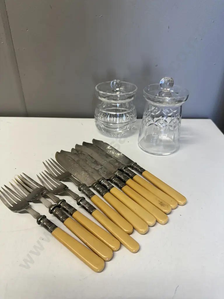 Bone Handled Fish Cutlery Including 6 Knives & 5 Forks  & Crystal Canisters Image 1++