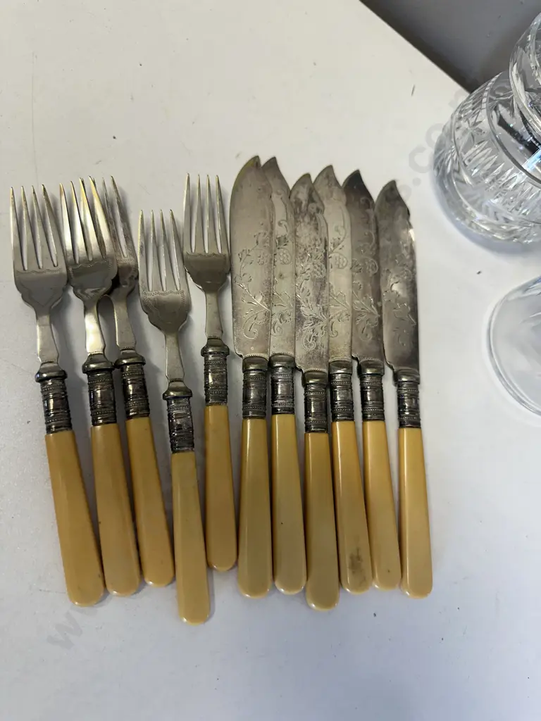 Bone Handled Fish Cutlery Including 6 Knives & 5 Forks  & Crystal Canisters Image 1++