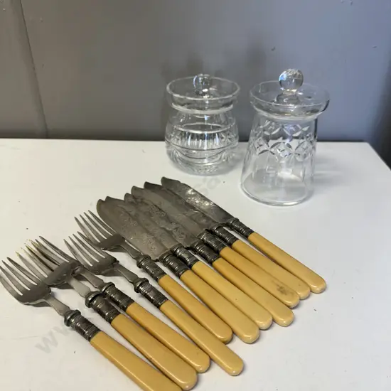 Bone Handled Fish Cutlery Including 6 Knives & 5 Forks  & Crystal Canisters