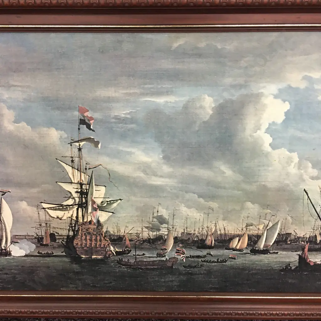 Vintage Framed Art Work Sailing Ships H71,W110cm. Image 1++